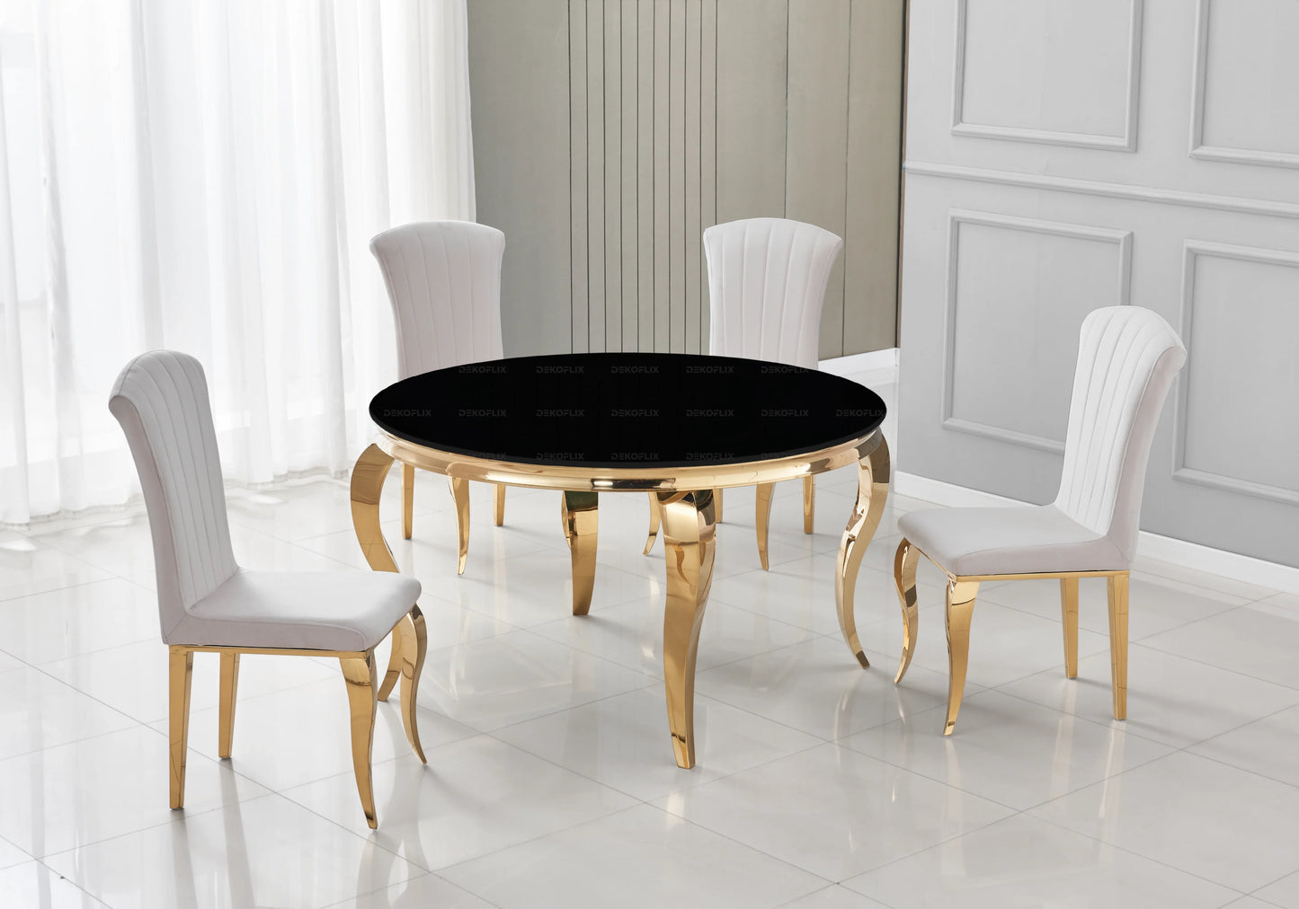 Table ronde verre noir et 4 chaises velours or – Galerie du Mobilier
