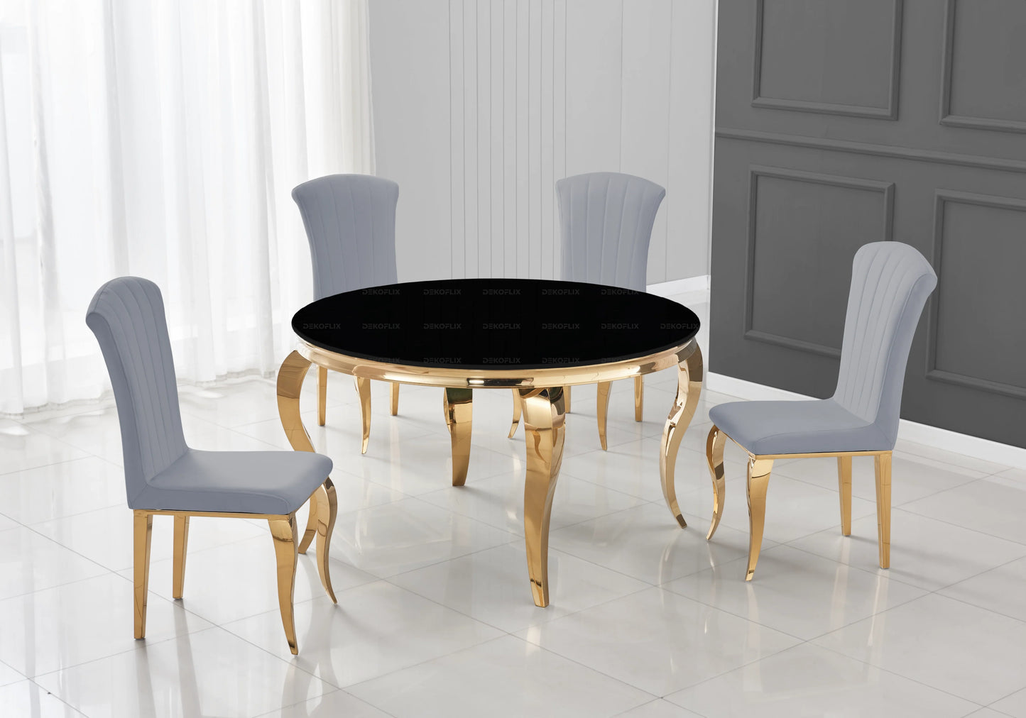 Table ronde verre noir et 4 chaises velours or – Galerie du Mobilier - Vue 1