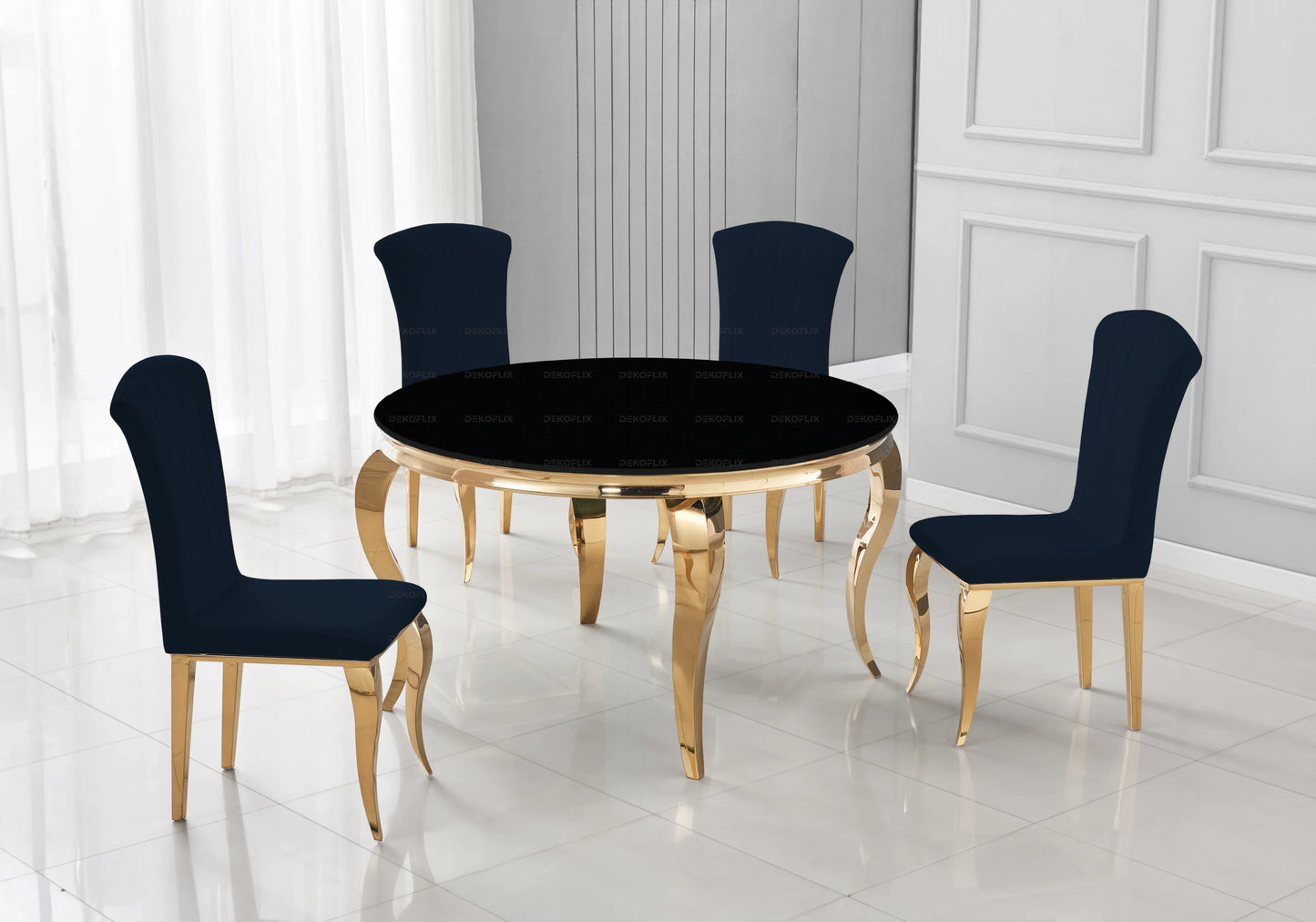 Table ronde verre noir et 4 chaises velours or – Galerie du Mobilier