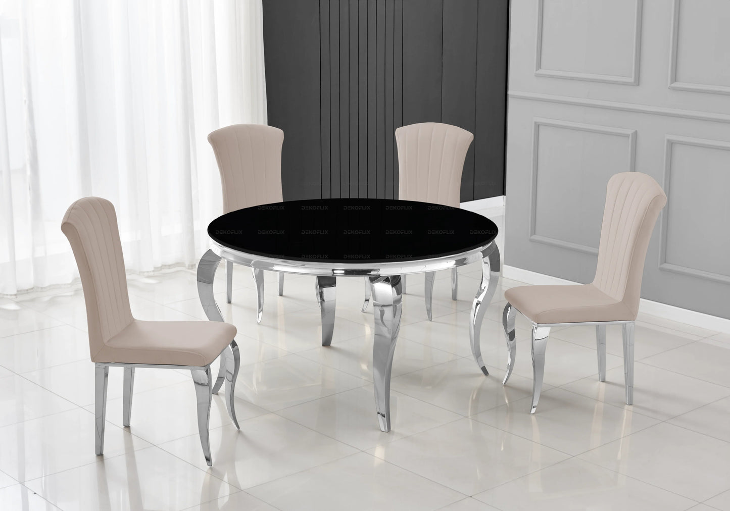 Table ronde verre noir et 4 chaises argent – Galerie du Mobilier