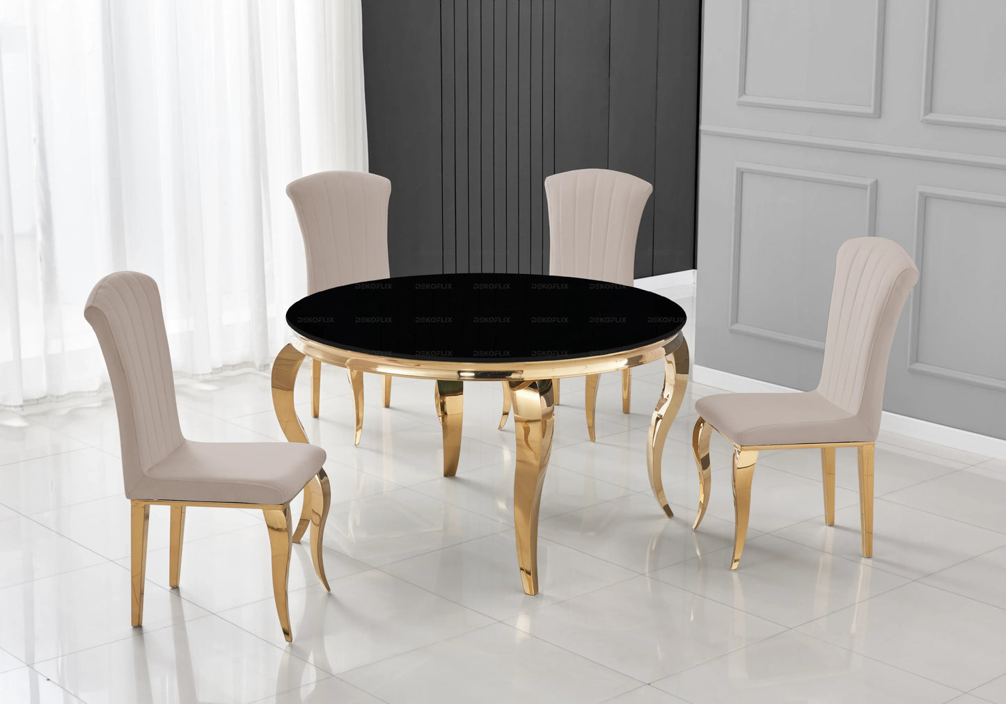 Table ronde verre noir et 4 chaises velours or – Galerie du Mobilier