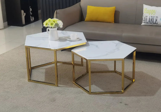 Tables basses gigognes dorées marbre beige HEXAGONE Galerie du Mobilier