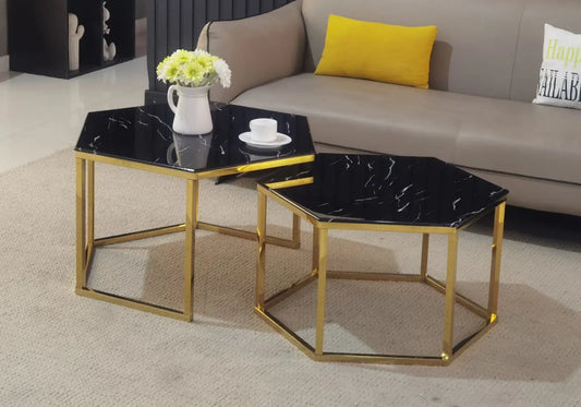 Tables basses gigognes dorées marbre noir HEXAGONE Galerie du Mobilier