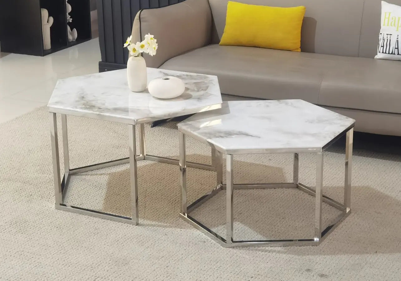 Tables basses gigognes marbre beige HEXAGONE Galerie du Mobilier
