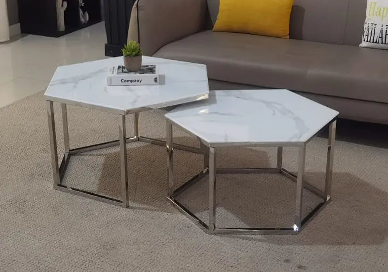 Tables basses gigognes marbre blanc HEXAGONE Galerie du Mobilier