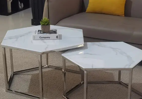 Tables basses gigognes marbre blanc HEXAGONE Galerie du Mobilier