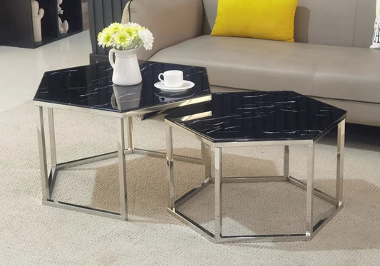Tables basses gigognes marbre noir HEXAGONE Galerie du Mobilier