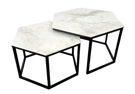 Tables basses gigognes noir marbre beige HEXAGONE Galerie du Mobilier