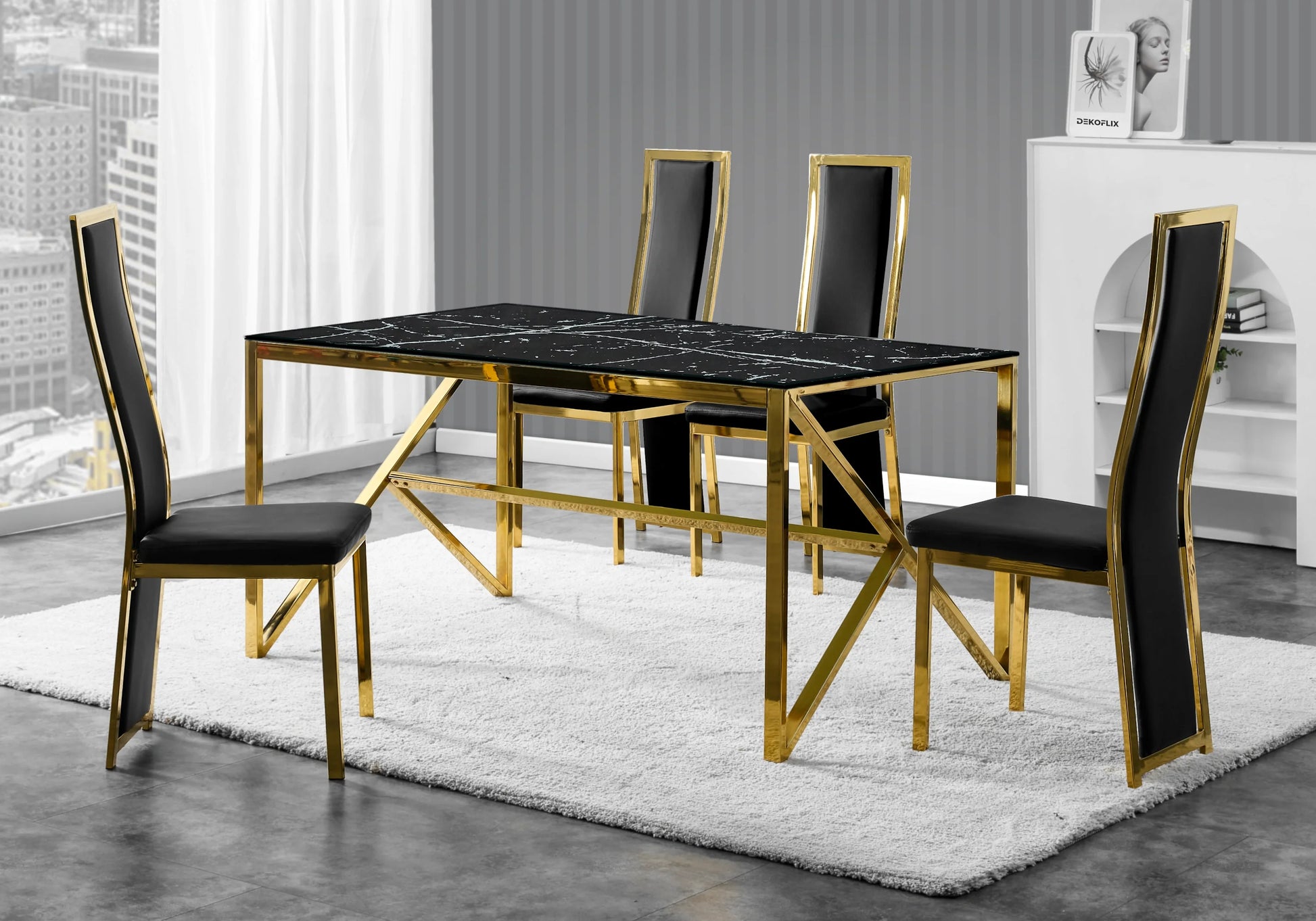 Table marbre noir et 6 chaises simili-cuir doré – Galerie du Mobilier - Vue 1
